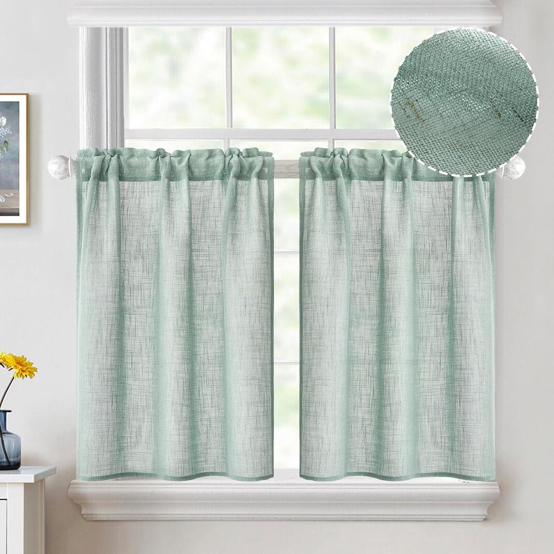 MIULEE Cafe Curtains 36 Inch Length Semi Sheer Light Filtering Half Window Farmhouse Short Linen for Kitchen Bathroom Basement, Rod Pocket Tier 2 Panels W26XL36, Sea Green