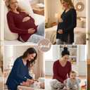 Sweetyweee 3 Pack Women's Thermal Maternity Shirts Fleece Lined Long Sleeve Tops Split Side V Neck Pregnancy Clothes(Wine Red, Navy Blue, Black,XX-Large)