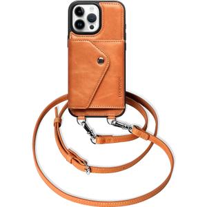 LUCKYCOIN 100% Genuine Leather Crossbody Wallet Phone Case for iPhone 16 Pro Max, Shockproof Phone Purse with Adjustable Lanyard Strap & Card Holder, Crossbody Purses for Women, Vintage Brown