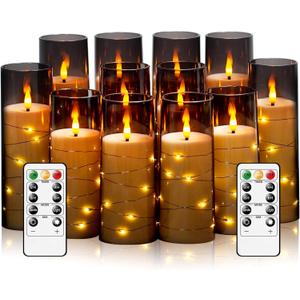 Flameless Candles with Embedded Star String - Battery Operated LED Candles, with Remote,12 Grey Flickering Candles for Christmas, Weddings, Home Decor & Party,(D 2.3"H 5" 6" 7") (Gray)