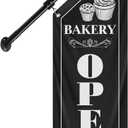 Bakery Open Sign, Vintage Double-Sided Polyester Flag with Flagpole & Bracket, Cottage Outdoor Bakery Goods Hanging Flag for Fresh Bread, Pastries & Baked Goods Display