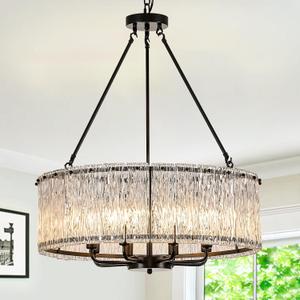 Modern Drum Chandelier 24.4" Black Crystal Glass Chandeliers 8-Light Luxury Ceiling Pendant Lighting Fixture for Dining Room Foyer Living Room Bedroom