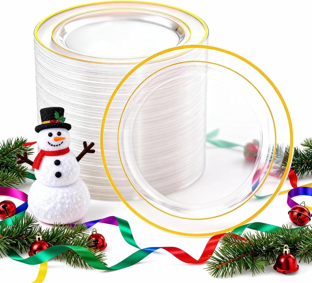 I00000 100PCS Clear Gold Plastic Plates, Clear Dinner Plates with Gold Rim 10 Inch, Fancy Disposable Wedding Premium Plastic Plate for Wedding Christmas Party Dinner