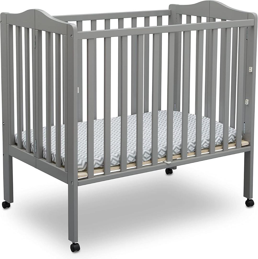 Delta Children Folding Portable Mini Baby Crib with 1.5-inch Mattress - Greenguard Gold Certified, Grey, 39"L x 25"W x 38"H