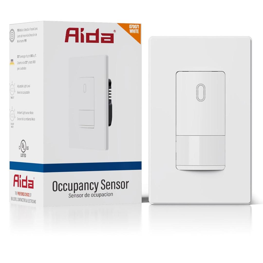 AIDA Single Pole Motion Sensor Light Switch w/Neutral Wire - 120 PIR Infrared Activation - CFL/LED/MLV/INC/HAL/Fan Compatible - UL Certified - 1 Pack, Matte White