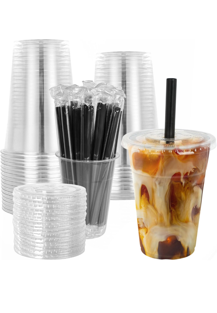 25 Sets - 16oz Disposable Clear Plastic Cups with Lids and Smoothies Straws Party Drinking Cups for Milkshakes,Cold Coffee