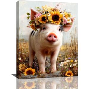 Rustic Pig Nursery Wall Art For Kids Cute Animal Bathroom Canvas Wall Decor Country Pictures Paintings Prints Artwork Framed Decorations For Girls Boys Children's Room Bedroom Living Room Gifts 12" x 16"
