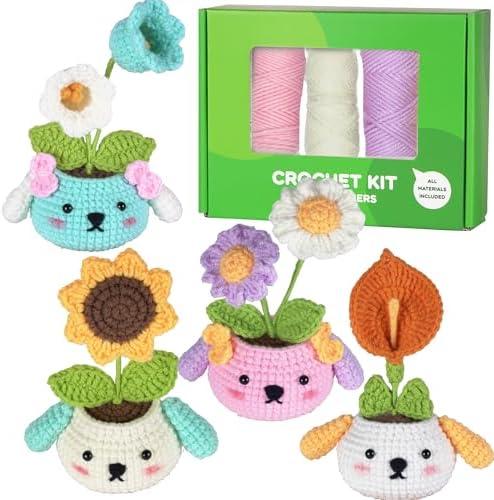 Ryhiac Beginners Crochet Kit with Step-by-Step Video Tutorials DIY Crochet Starter Kit with Crochet Hook and Yarns,4 Plant Floral Pattern for Adult Kids Gift(Rabbit Plant)