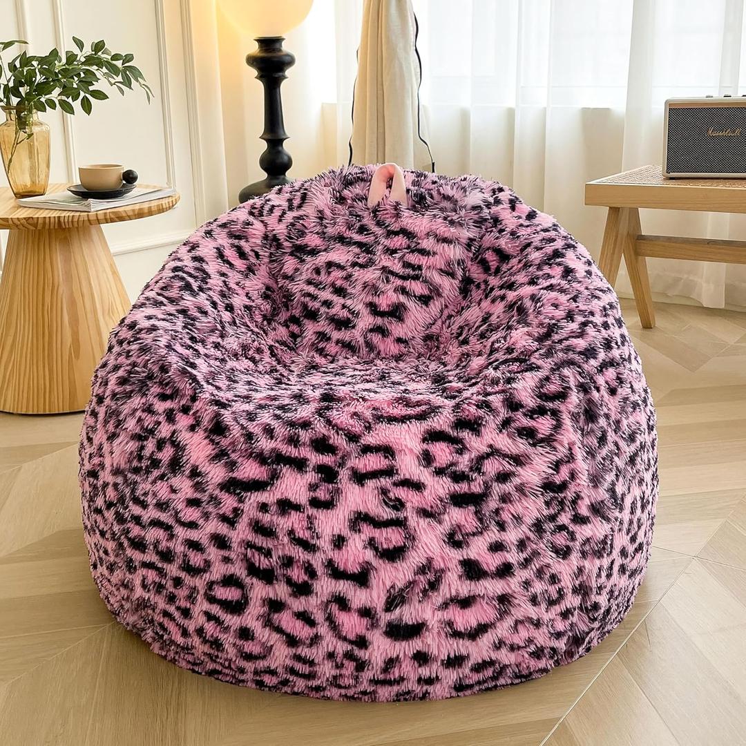 XeGe Faux Fur Leopard Print Bean Bag Chair Cover (No Filler), Fluffy Stuffed Animal Storage Pink Cheetah Bean Bag Home Decor, Furry Fuzzy Beanbag Cover for Adults Kids Girls, Anti-slip, Black and Pink (Large(38"x38"x40"))