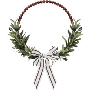 Wood Bead Olive Leaves Wreaths - 13 Inch Artificial Greenery Leaf Wreaths Farmhouse Rustic Boho Wall Hanging Decor for All Seasons for Natural Home Indoor Outdoor Bedroom Decoration