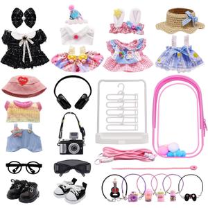 Clothes for Labubu, Clothes and Accessories Set Designed for Labubu Doll Clothes, Includes Display Bag, Clothes Rack, Headphones, Camera, Glasses, Shoes, and 6 Mini Accessories