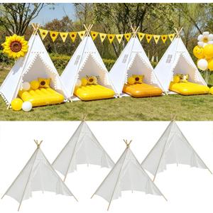4 Pack Teepee Tent for Kids Slumber Party, Cotton Canvas Playhouse Sleepover Tent with Pompom for Girls & Boys Movie Night Holiday Party Supplies (White), 17 inches x 7 inches x 8 inches