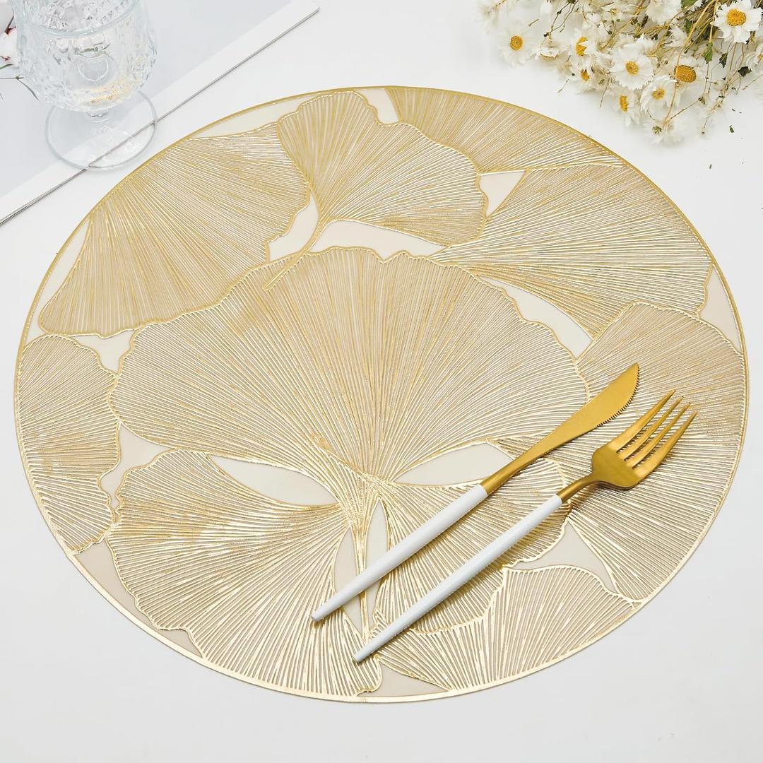 Gold Round Placemats Set of 6 Metallic Pressed Vinyl Place Mats for Dining Table Centerpiece Decor Ginkgo Leaf Table Mats Non Slip Heat Resistant 15 Inch