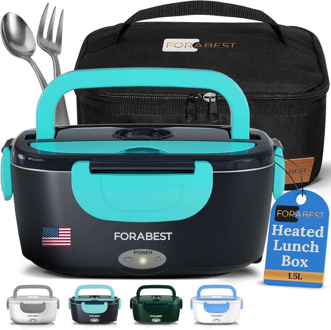 FORABEST Electric Lunch Box for Adults  80W Fast-Heated Lunch Box, 1.5L Stainless Steel Portable Food Warmer, 12/24V for Car/Truck & 110/220V for Office/Travel  Lonchera Elctrica Porttil (Neon Blue)
