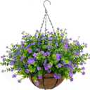 Artificial Hanging Flowers Basket, 12 UV-Resistant Bundles of Realistic Fake Flowers, Faux Plants for Outdoor Decor, Home, Garden, Porch, Patio, Spring & Summer Decorations, Purple