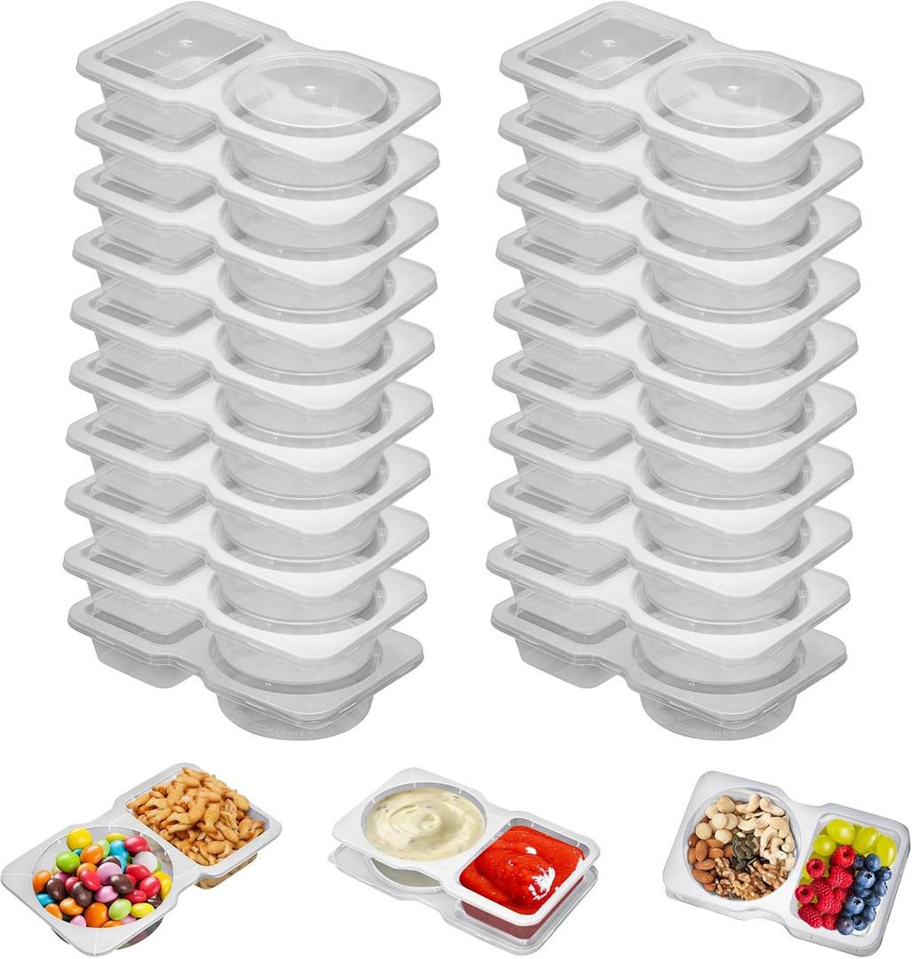 UVHJW 20 Set Reusable Snack Containers, 2-Compartment Dipping Containers with Lid for Refrigeration, Portion Control, Outdoor Takeaway Sauce Dip Case, 20-pack