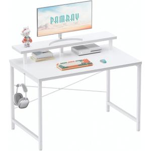 Pamray 32 Inch Small Computer Desk with Monitor Stand, Simple Office Desk with Headphone Hook for Small Spaces, Kids Study Writing Table for Bedroom, White