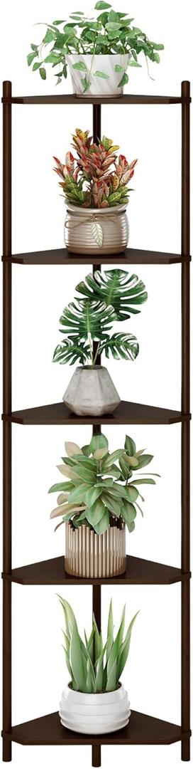 Corner Shelf Stand - 5 Tier Walnut Bamboo Small Corner Bookshelf for Office Kitchen Bedroom Plant Stand Living Room Decor Small Space (Brown)