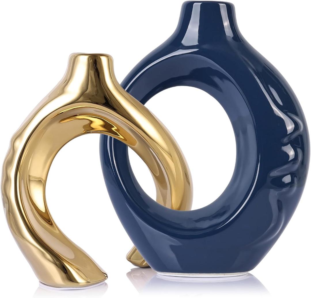 LCCCK Blue and Gold Ceramic Vases for Home Decor, Boho Vase for Flowers Pampas Grass Decorative, Navy Blue Hollow Donut Small Vase for Living Room Table Wedding Centerpiece Modern Vases, 6.7"L x 2"W x 8.6"H