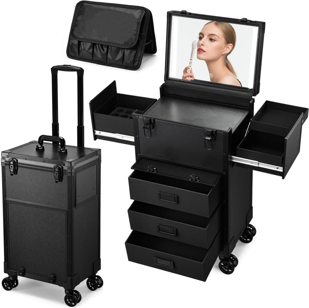 Faquenc Rolling Makeup Case with Lighted Mirror, Cosmetology Case on Wheels with LED Mirror, Professional Salon Trolley Cart with Drawer,Travel Makeup Lockable Beauty Organizer with Live Stream Light