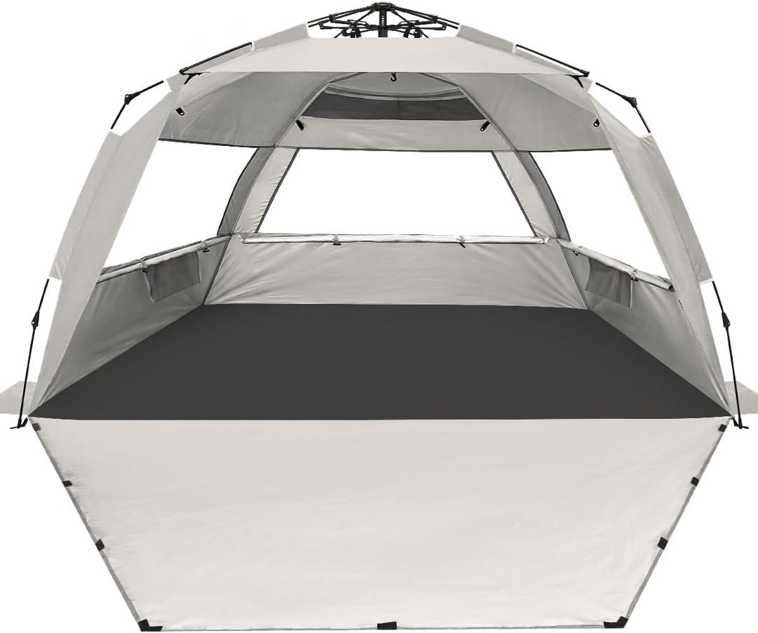 WhiteFang Deluxe Pop Up Beach Tent Sun Shade Shelter for 3-4 Person, UV Protection, Extendable Floor with 3 Ventilating Windows Plus Carrying Bag, Stakes, and Guy Lines