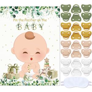 Faccito Pin The Pacifier on The Baby Party Games Sage Green Baby Shower Decorations Pin The Pacifier Games with Poster 24 Stickers Game Blindfold for Sage Green Shower Birthday Party Supplies (Fair)