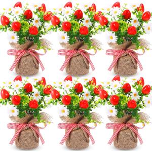Zeyune 6 Pack Small Strawberry Tables Centerpieces Decoration, Summer Fake Artificial Potted Plastic Flower Plants Rustic Faux Plant in Burlap Vase for Summer Party Home Office Kitchen Indoor Outdoor