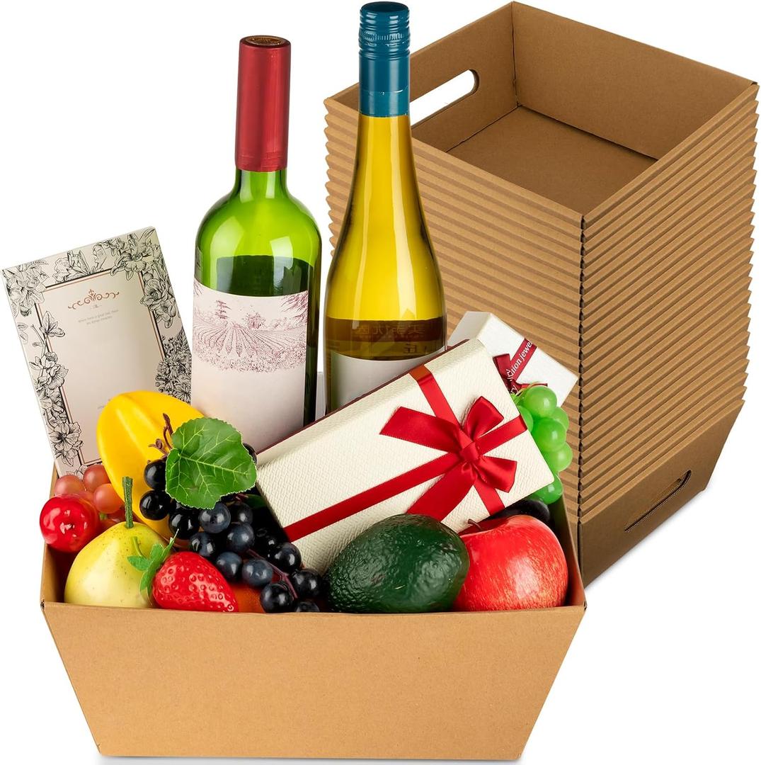 Fainne 16 Pcs Extra Large Empty Baskets for Gifts Bulk 12x10 Inch Kraft Cardboard Gifts Baskets Trays with Handles for Christmas Birthday Thanksgiving Valentines Wedding Holiday Party Supplies