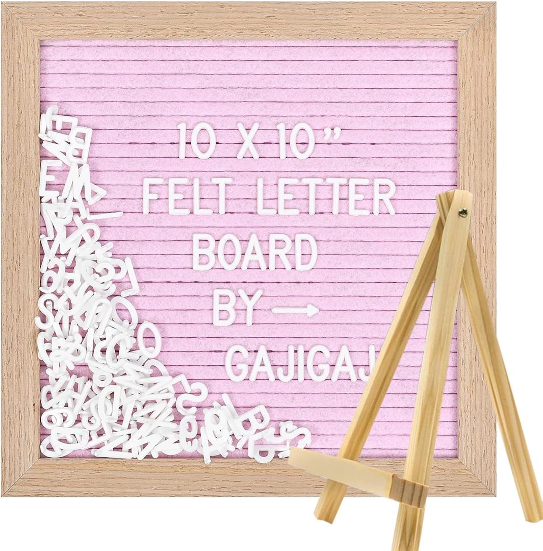 Felt Letter Board with Letters Changeable, Frame Wooden Message Board, Numbers, Symbols & Letters 340 Piece, Tripod Stand, for Baby Announcements, Milestones, Tabletop Decor, Wedding Party Decor (Pink)
