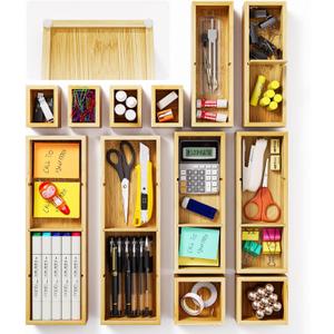 12-Piece Bamboo Desk Drawer Organizer Tray  Adjustable Storage Boxes with 24 Adjustable Compartments for Office Drawer, Jewelry, Vanity & Desk Accessories
