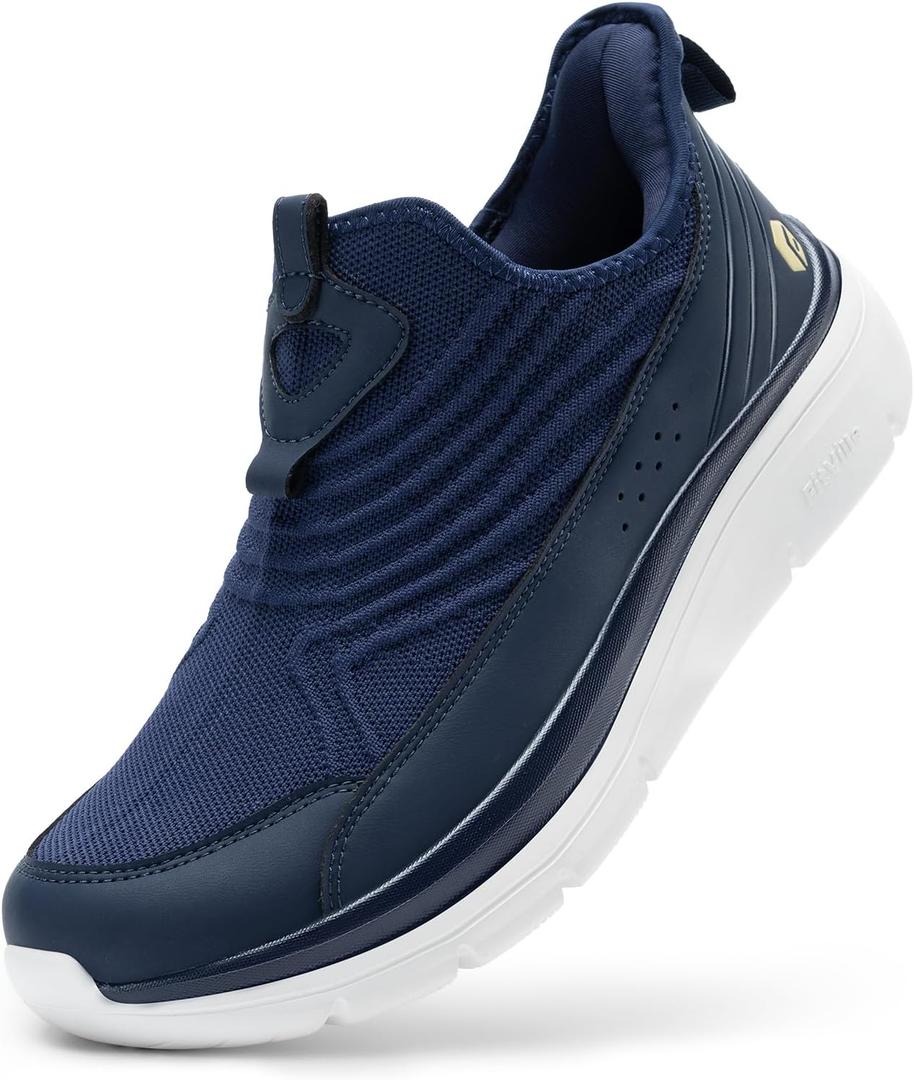 FitVille Men's Extra Wide Slip on Walking Shoes, Breathable Hands Free Slip on Sneakers, Comfortable Orthopedic Shoes for Standing All Day - Step Ease V1 (Navy Blue, 8)