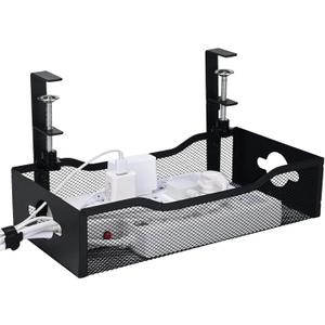 Large Under Desk Cable Management Tray - Heavy Duty Metal Cord Organizer with No Drill Installation for Office & Home Office Desks to Hide Wires & Power Strips (Black, XL)