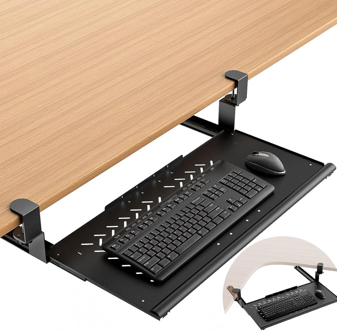 Keyboard Tray Under Desk - Full Metal Slide Out Ergonomic Holder, Rust-Resistant & Scratch-Proof, Double C-Clamps, 26x13" Tray for L Shape/Regular Desks, Standing/Sitting Workstation