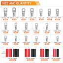 Kuject 220PCS Tinned Copper Wire Lugs Kit AWG 2/0 1/0 1 2 4 6 8 Gauge, Heavy Duty Battery Cable Lug Ends, Ring Terminal Connectors Assortment with 110PCS 3:1 Heat Shrink Tubing