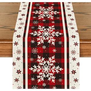 Artoid Mode Buffalo Plaid Snowflakes Christmas Table Runner, Seasonal Winter Kitchen Dining Table Decoration for Home Party Decor 13x48 Inch (Red)