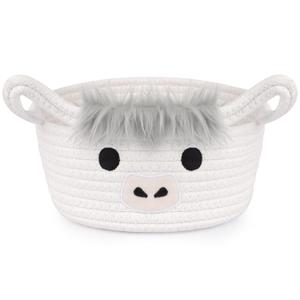 Highland Cow Basket for Nursery, Small Gift Basket, White Round Woven Cotton Rope Storage, Baby 0rganizer with Ears Handles, Blanket Towel Decor Empty Storage Bins,8.2 x 4.7 in