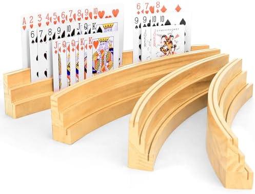 BOBOKA Playing Card Holders for Kids Adults Seniors, Set of 4 Curved Wood Cards Holders for Playing Cards, 3 Tiers, Hands Free Cards Holders for Family Card Game Night, Canasta, Bridge, Poker Parties