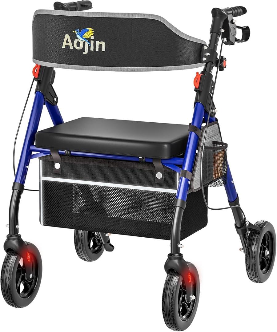 Lightweight Foldable Rollator Walkers with Seat for Seniors, 350 lb Capacity, 8'' Wheels, 17.7" Big Seat, 6-Position Adjustable Height, Ultralight Aluminum Frame Rolling Walker (Blue)