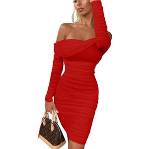 GOKATOSAU Women's Sexy Elegant Ruffle Long Sleeve Off Shoulder Ruched Party Mini Dress (Red, S)