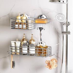 LEVERLOC Shower Caddy Suction Cup, 2 Pack Heavy Duty Bathroom Organizer for Inside Shower with Hooks & Soap Holder, Removable Bathroom Organizer,  White