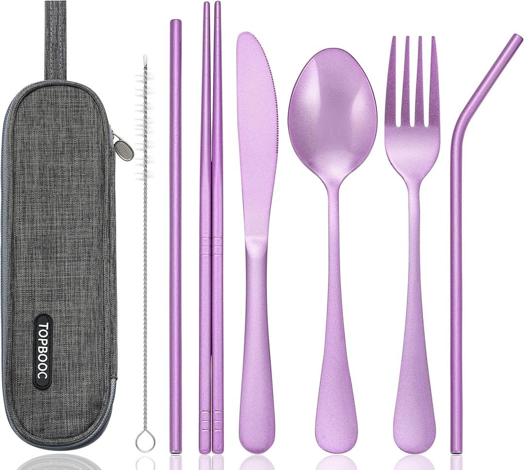 Portable Stainless Steel Flatware Set, Travel Camping Cutlery Set, Portable Utensil Travel Silverware Dinnerware Set with a Waterproof Case (Light Purple)