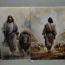 Framed 2Pcs Jesus Canvas wall Art Boho Christian Wall Art Jesus and Lamb Prints Wall Decor Lamb of God Pictures Posters Lion of judah Paintings for Livingroom Bedroom Church Decorations(16“*24”*2Framed)