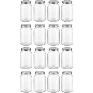 novelinks 32 oz Mason Jars with Plastic Lids, 16 Pack Large Plastic Salad Jars with Lids 32oz, Reusable Spice Containers & Kitchen Jars for Pantry Organization (16 Pack,Silver)