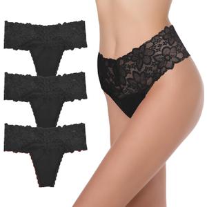 GAREDOB High Waisted Thong Underwear Tummy Control Panties Cotton Lace Black Size L Pack-3