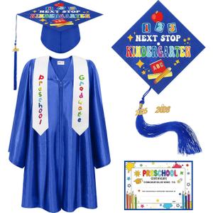 Bokon 4 Pcs Kindergarten Preschool Graduation Cap and Gown with 2025 Tassel Graduation Stole and Certificate for Toddler Kids (33, Royal Blue)