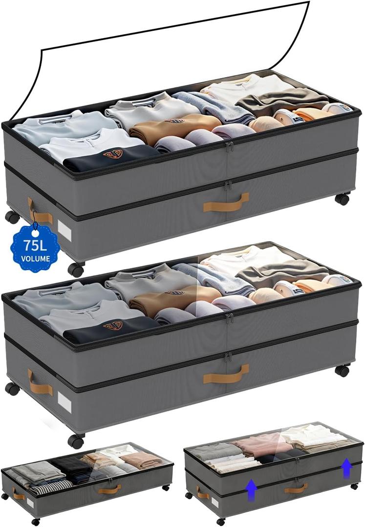 Under Bed Storage with Wheels 2-Pack, 75L XXL Under the Bed Storage Containers Large, 12" Tall Adjustable Storage for Underbed with Lids, Rolling for Clothes, Shoes, Blankets (Grey)