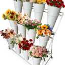 Flower Display Stand with 12 Buckets, 3 Layers Metal Movable Flower Bar Stand with Round Buckets and 4 Universal Wheels for Patio, Garden, Florist, Flower Shop, Business Use (White)