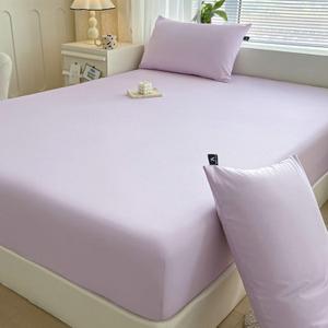 Fitted Bed Sheets Set, 2 Cotton Solid Color Mattress Protectors, 2 Pillowcases, Purple, Queen