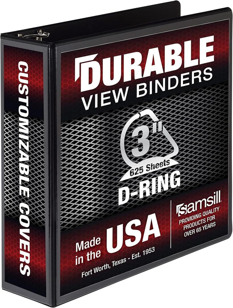Samsill Durable 3 Inch Binder, Made in the USA, D Ring Binder, Customizable Clear View Cover, Black, Holds 625 Pages (1 Pack)