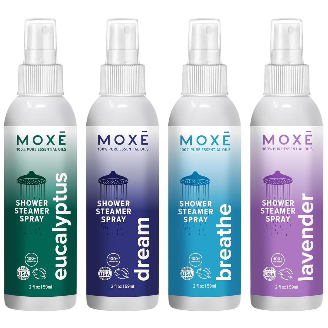 MOXE Aromatherapy Shower Mist Variety Pack, Eucalyptus, Lavender, Breathe and Dream, Spa Steam Spray, Natural 100% Essential Oils, Made in USA, Aromatherapy, Sinus Congestion Relief, 4 Pack (8oz)